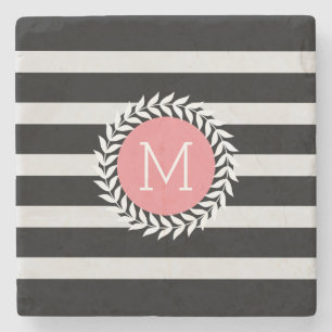 Monogrammen zwarte & witte strepen & witte poot stenen onderzetter