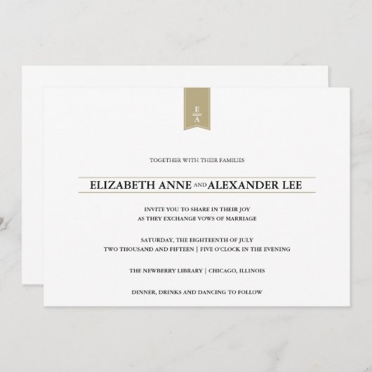 Monogrammes classiques Faire-part de mariage d'or (Devant / Derrière)