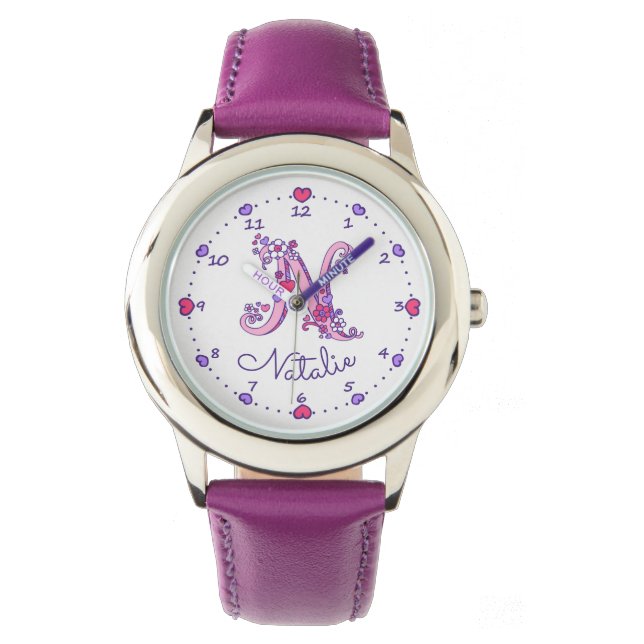 Monogrammes filles lettre N art Natalie nom montre (devant)