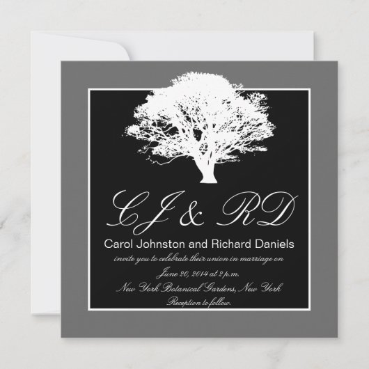 Monogrammes gris noir Invitations de mariage Arbre (Devant)