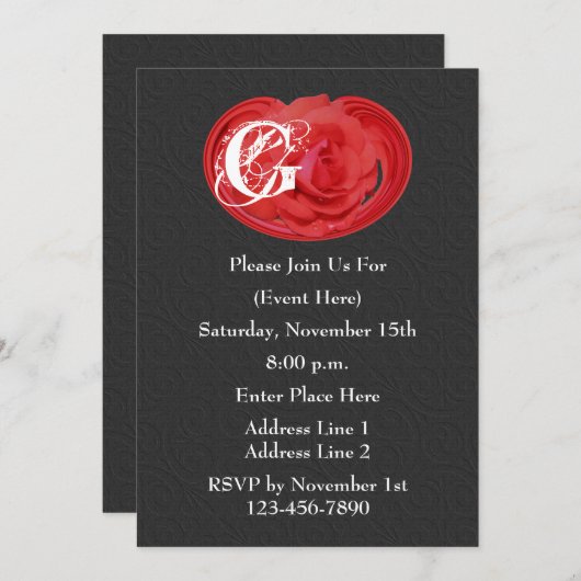 Monogrammes Initiales Rose rouge Floral Invitation (Devant / Derrière)