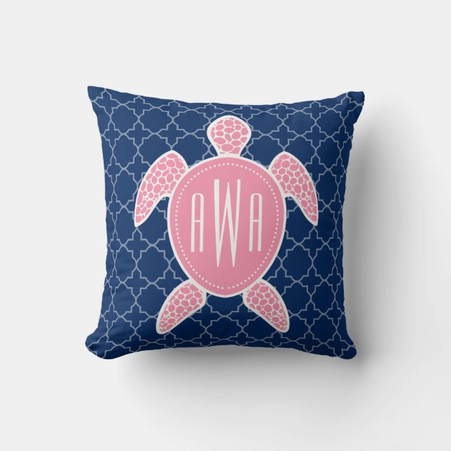 Monogrammofoonroze Zee Turtle Blue Quatrefoil Kussen (Voorkant)