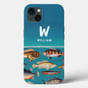 Monogrammofoonvolle vis onder de blauwe zee iPhone 13 hoesje