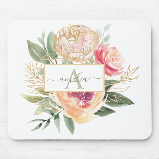Monogramnaam Peony en Gold Flowers Muismat (Voorkant)