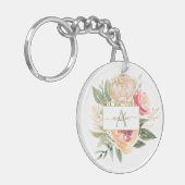 Monogramnaam Peony en Gold Flowers Sleutelhanger (Voorkant Links)