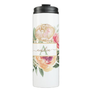 Monogramnaam Peony en Gold Flowers Thermosbeker