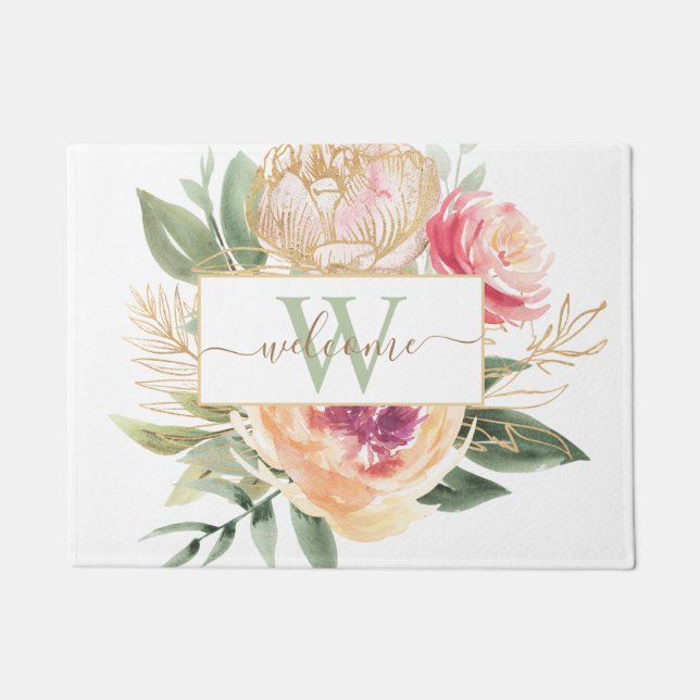 Monogramnaam Peony en Gold Foil Bloom Deurmat (Voorkant)