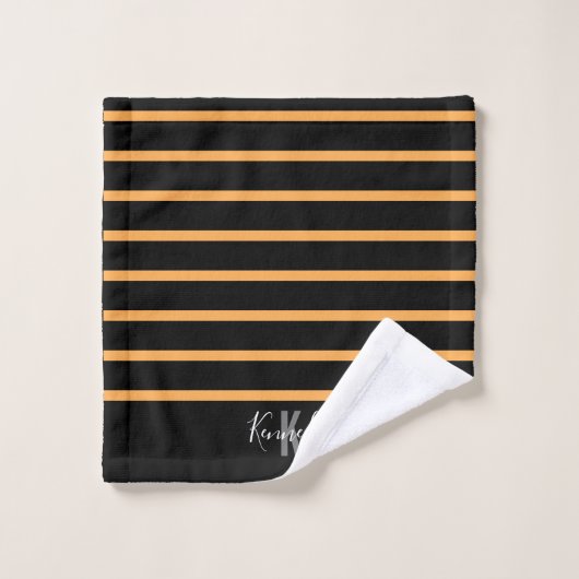 Monogramnaam zwart en Oranje Stripes Pattern  Bad Handdoek (Wasdoekje)