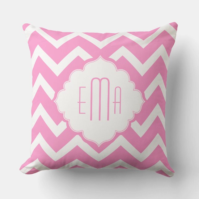 Monogramroze en witte Geometrische Zigzag Chevron Kussen (Voorkant)