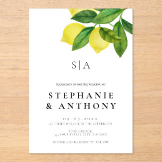Monograms Lemon Branch Greenery Wedding Acryl Uitnodigingen