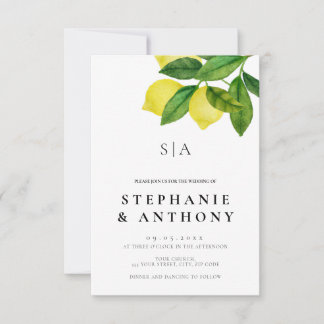 Monograms Lemon Branch Greenery Wedding Kaart