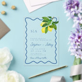 Monograms Lemon Citrus, Blue Wave Border Wedding   Acryl Uitnodigingen (Insitu (Huwelijk))