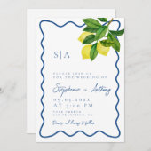 Monograms Lemon Citrus, Blue Wave Border Wedding   Kaart (Voorkant / Achterkant)
