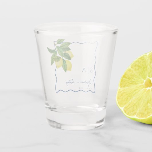 Monograms Lemon Citrus, Blue Wave Border Wedding Shot Glas (Achterkant)