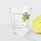 Monograms Lemon Citrus, Blue Wave Border Wedding Shot Glas (Voorkant)