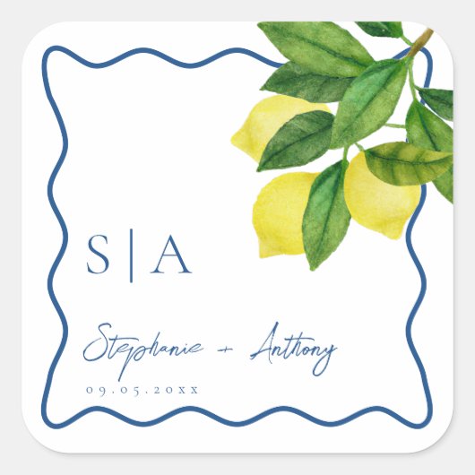 Monograms Lemon Citrus, Blue Wave Border Wedding   Vierkante Sticker (Voorkant)