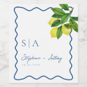Monograms Lemon Citrus, Blue Wave Border Wedding   Wijn Etiket (Enkel label)