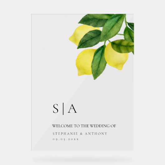 Monograms Lemon Citrus Branch Greenery Wedding Acryl Bord (Voorkant)