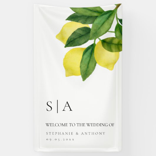 Monograms Lemon Citrus Branch Greenery Wedding  Spandoek (Verticaal)