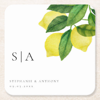 Monograms Lemon Citrus Branch Greenery Wedding  Vierkante Kartonnen Onderzetter