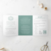 Monogramsage groene bladeren bruiloft all-in-one drieluik uitnodiging (Binnen)