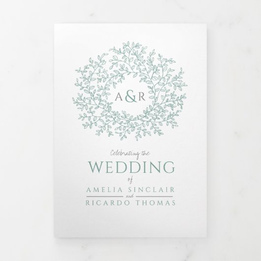 Monogramsage groene bladeren bruiloft all-in-one drieluik uitnodiging (Cover)