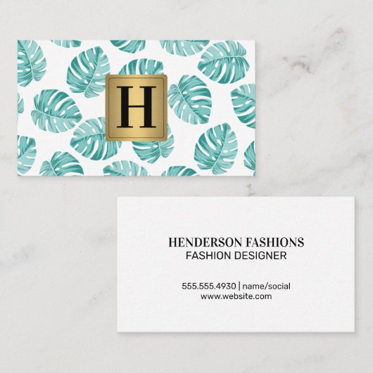 MonogramSilver Metallic / Monstera Leaf Pattern Visitekaartje (Voorkant / Achterkant)