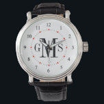 Monographie personnalisée masculine<br><div class="desc">Montres monogrammées élégantes et classe, propres et simples customisées pour l'homme spécial sur votre liste de cadeaux. Classique facile à lire les nombres avec des marques de hachage gris et des points rouges sur le visage blanc. Audacieux et sophistiqué pour messieurs de style traditionnel — cliquez sur Customiser pour modifier...</div>