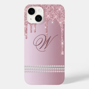 Monongram Blush Pink Glitter Drip iPhone 14, Case-Mate iPhone 14 Hoesje
