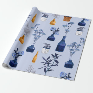 Monoton van moderne bloemen en vaas, pot met bot cadeaupapier
