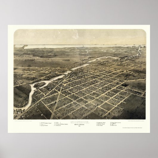 Monroe, MI Panorama Map - 1866 Poster (Voorkant)