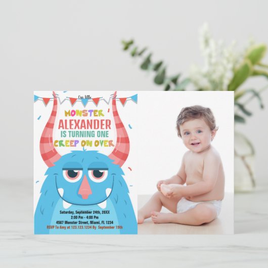 Monster Anniversaire Invitations Bleu avec photo (Debout devant)