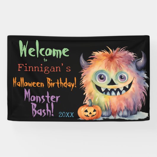 Monster Bash Halloween Verjaardag Spandoek (Horizontaal)