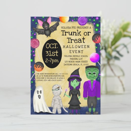 Monster Bash kostuum Halloween Trunk or Treat Kaart (Staand voorkant)