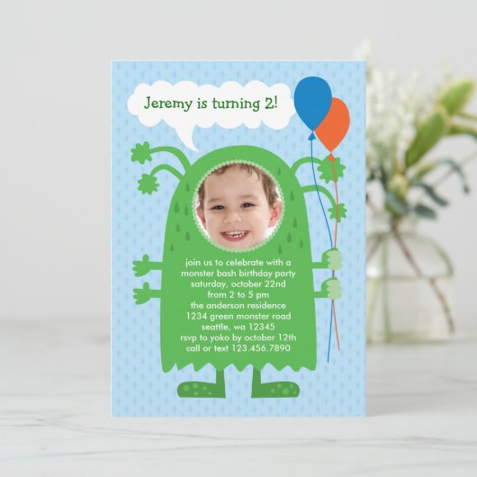 Monster Bash Photo Birthday Party Invitation Kaart (Staand voorkant)