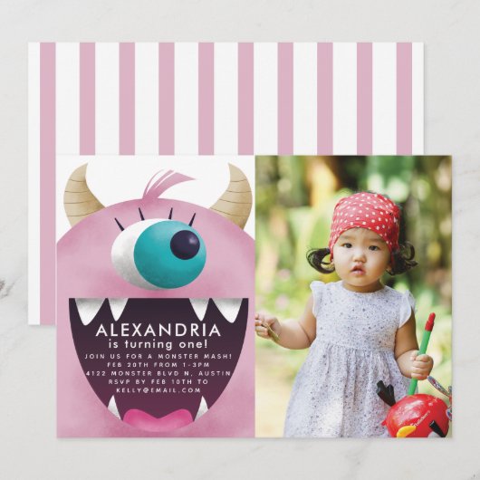 Monster Bash Pink Birthday Foto Kaart (Voorkant / Achterkant)