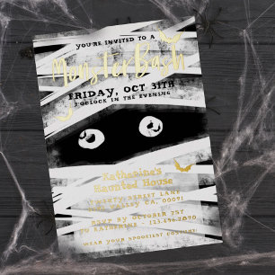 Monster Bash Zwarte & Witte Mummie Halloween Fee Folie Uitnodiging