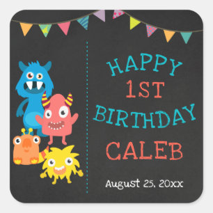 Monster Chalkboard First Birthday Baby Boys Vierkante Sticker