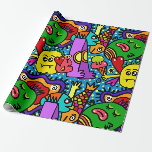 Monster Doodle Patroon Cadeaupapier (Uitgerold)