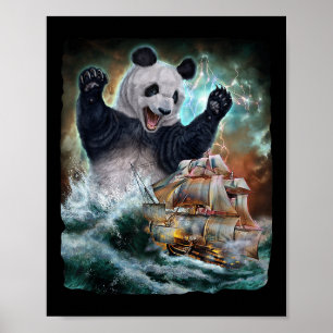 Monster Giant Panda als Kraken een oorlogsschip aa Poster