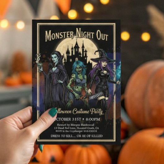 Monster Girls Night Out Fun Halloween Party Kaart