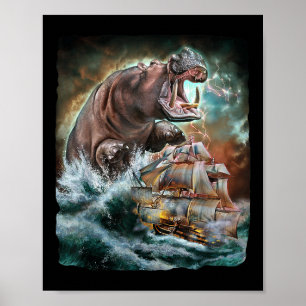 Monster Hippo als Kraken valt een oorlogsschip aan Poster