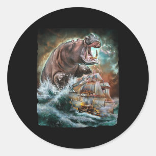 Monster Hippo als Kraken valt een oorlogsschip aan Ronde Sticker