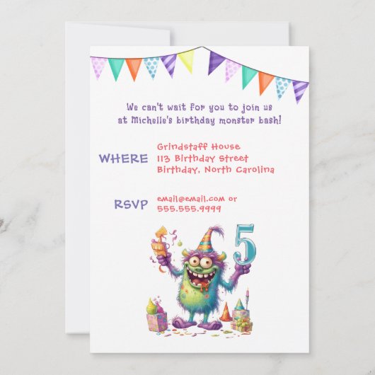 Monster Invitation d'anniversaire de cinq ans (Dos)