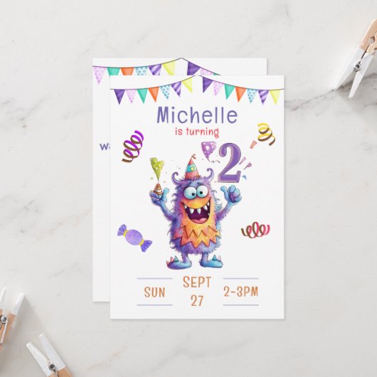 Monster Invitation d'anniversaire de deux ans (Devant/Arrière en situation)
