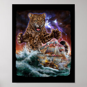 Monster Jaguar Cat als Kraken valt een oorlogsschi Poster
