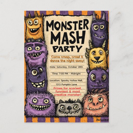 "Monster Mash-feest" met Moppige Monsters Uitnodiging Briefkaart (Voorkant)