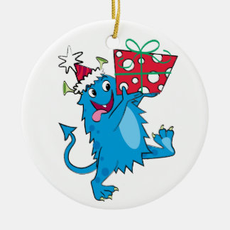 Monster met kerstcadeau keramisch ornament