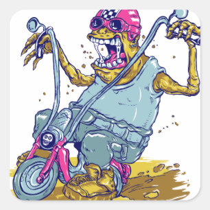 Monster Motorcycle Biker Cartoon Vierkante Sticker