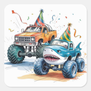 Monster Shark Truck Verjaardag Bash waterverf Vierkante Sticker